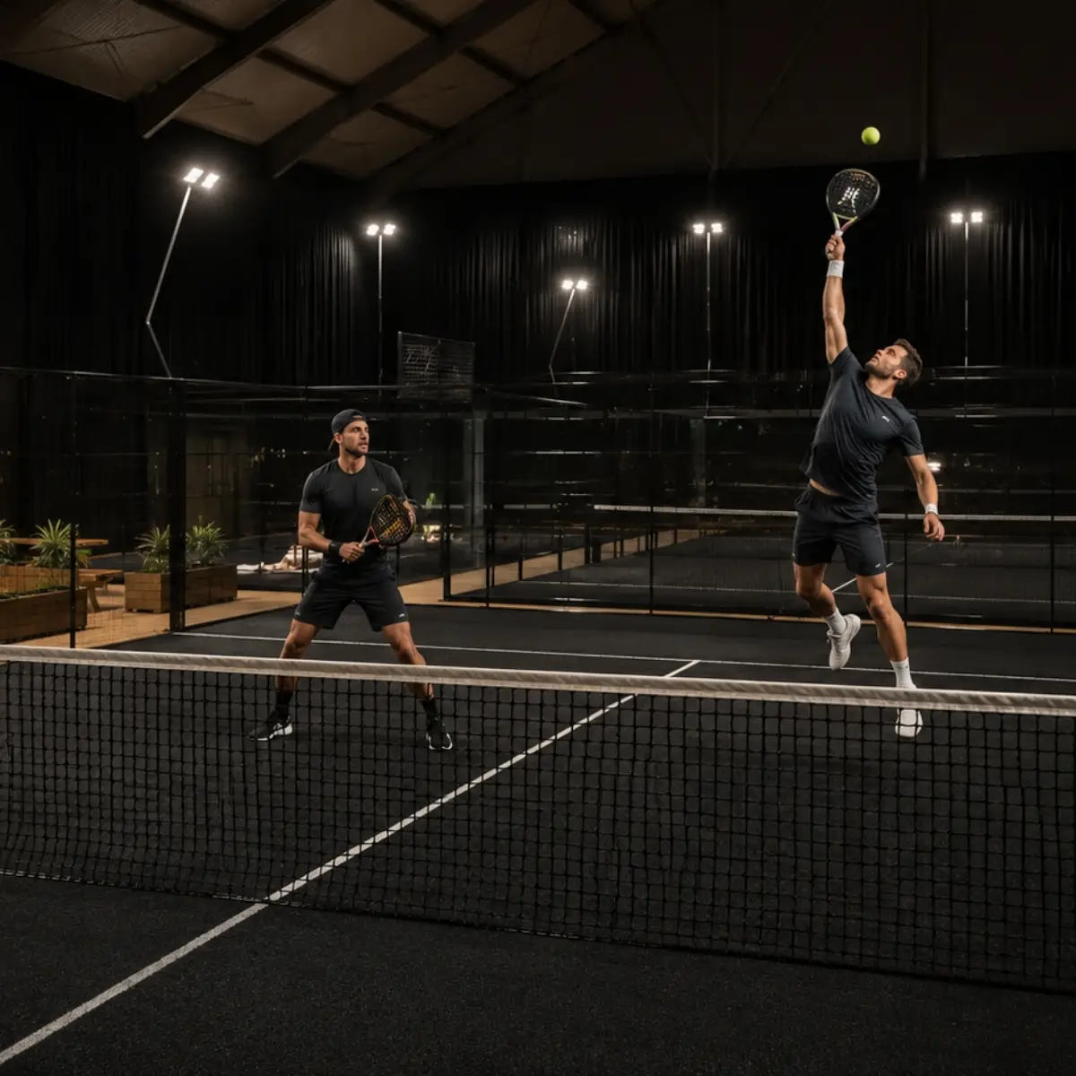 Twee heren in een rally op zwarte, indoor padelbaan van De Hoge Heide