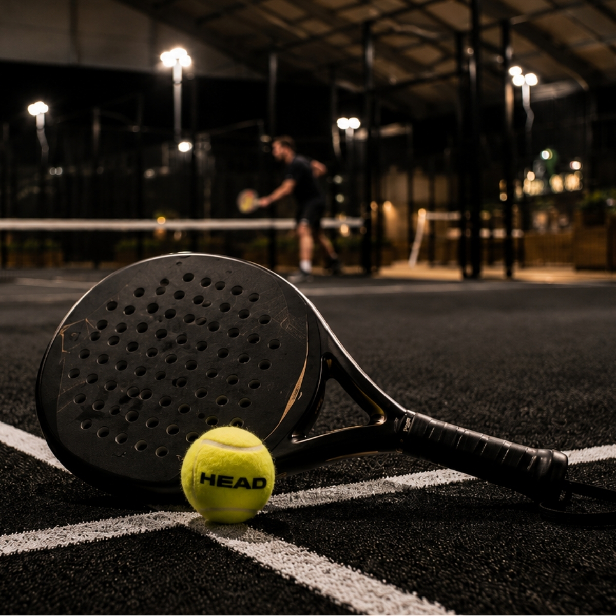Zwart racket met head padelbal op een zwart indoor padelveld.
